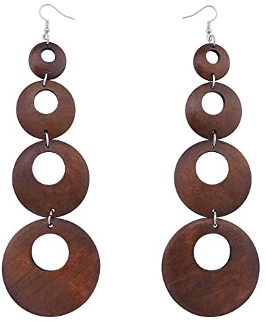Coiris Orecchini pendenti in legno con grande cerchio rotondo, stile bohémien, hippie, lunghi, con gancio in argento, da donna, grandi, in legno, senza pietre preziose, Big, Legno, Nessuna pietra