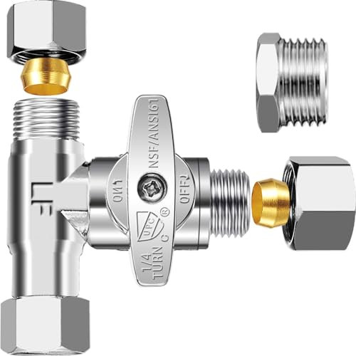 T-Stop-Ventil – bleifreies Add-A-Tee-Ventil 3/8x3/8x3/8 Zoll oder 1/2 Zoll, 1/4 Drehung Messing T-Stück mit integrierter Dichtdichtung für Bidet-Sprühgerät, Glas Einsatz, Geschirrspüler WC-Tank.