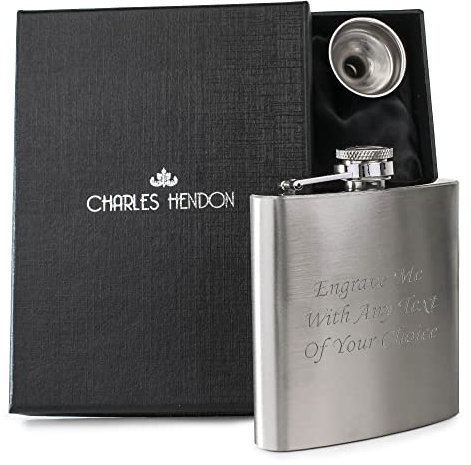 Charles Hendon Personalised Steel Hip Flask in Black Presentation Box and Funnel - Engraved Gift for Men/Women
