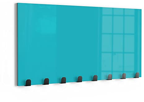 DEQORI Wandgarderobe Glas & Metall | Unifarben - Türkis | 60x30 cm | Design Haken-Leiste modern | Garderoben-Paneel für Flur, Wohnzimmer & Schlafzimmer | magnetisch & beschreibbar