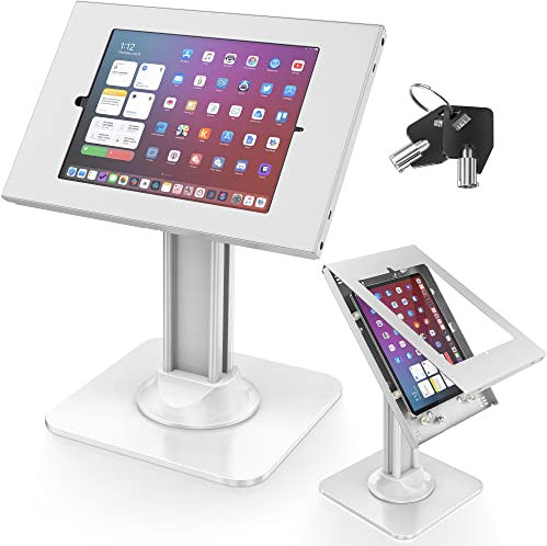 AboveTEK Support Antivol pour iPad - Support de Sécurité pour iPad Support de Tablette Verrouillable - Base Robuste, Rotation à 360°, Inclinaison à 75° - Détail pour iPad/iPad Air/iPad Pro (Blanc)