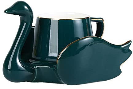 Hosoncovy Keramik Schwan Kaffeetasse und Untersetzer Set Kaffeetasse Tasse und Untertasse Set Teetasse Set Drink Cup Set für Heimküche für Geschenk (Grün)