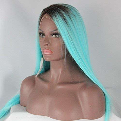 Xiweiya Long Silky Straight Aqua Blue Lace Front Wig with Light Brown Roots Synthetic Light Blue Wig Middle Part Natural Looking Heat Resistant Fiber Hair Cosplay Wig for Women 24inch