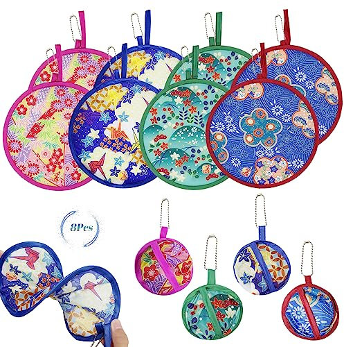 Grantop 8Pcs Japanese Style Foldable Fan Set,Summer Round Folding Hand Fan,Portable Handheld Folding Fan for Festival Costume Party Wedding Gifts Home Decor Home Office (Color01)