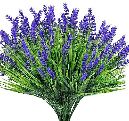 12 Bundles Artificial Plants Outdoor, UV Resistant Fake Monkey Grass with Lavender Flowers Greenery Stems No Fade Faux Shrubs for Home Garden Window Box Porch Front Patio Office Decor - Purple