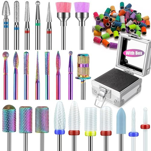 Depvko Juego de 25 brocas para uñas con estuche plateado y 50 bandas de lijado, 3/32'' fresas torno para uñas herramienta para quitar cutículas carburo diamante cerámica para esmalte de uñas, salón