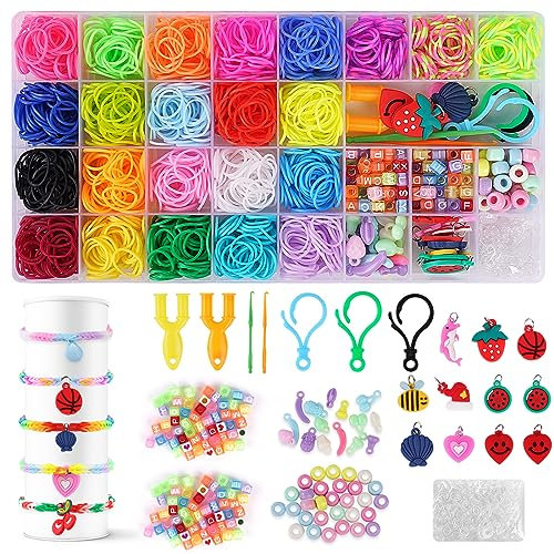 AUAUY 1700+ Elastique Bracelet Kit, 23 Couleurs Bricolage Loom Ruban Jouets, Bracelet Collier Outil à Tricoter Jouet pour Filles Enfant, Cadeau de Noël Halloween (32 Grilles)