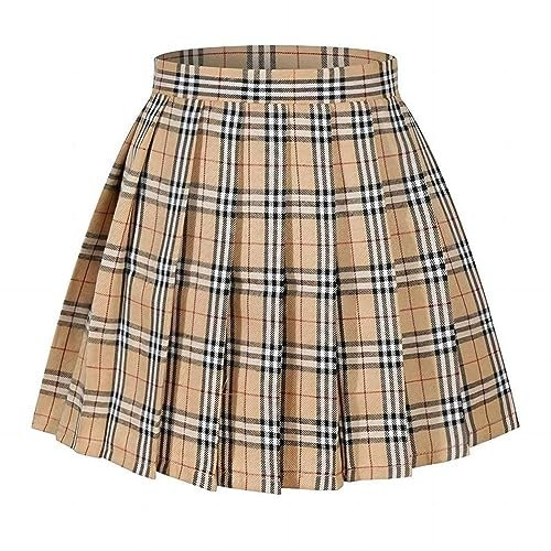 Damen Mädchen Plaid Faltenrock Hohe Taille Japanische Schuluniform A-Linie Plissee JK Rock Skater Tennis, Khaki, Groß