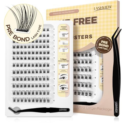 LASHVIEW Self Adhesive Lash Clusters Eyelashes,Press-on Lashes 10-16mm Individual Lash Extension Kit with Lash Tweezers,No Glue Needed Natural Self Adhesive DIY Eyelash Extension Kit (168PC)