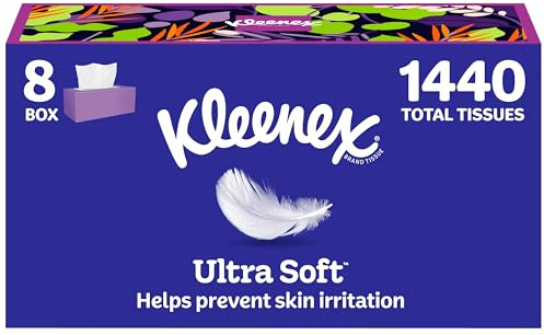 Kleenex Ultraweiche Gesichtstücher, 8 flache Boxen, 180 Taschentücher pro Box, 3-lagig, Verpackung kann variieren