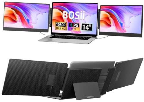BOSII Laptop Triple Screen Extender -14 Zoll IPS FHD 1080P HDMI/USB-A/Type-C Tragbarer erweiterter Monitor für 13-17 Zoll (maximale Länge: 40 cm) Laptops, kompatibel mit Windows Mac Linux