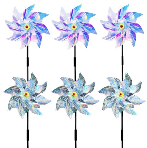 6 molinillos de viento, antipájaros, antipalomas, molinillo de viento, para jardín, reflectante, molinillo de viento, para proteger el jardín, patio, huerto (3 plateados + 3 transparentes)