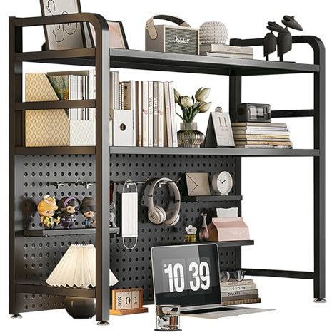 WMLBK 2 Tier Industrial Desktop Bookshelf, Iron Desk Shelf, Computer Desk Desktop Simple Bookshelf, Multifunctional Freestanding Storage Rack, Hutch Organizer Shelf with Perforated Board (115cm)