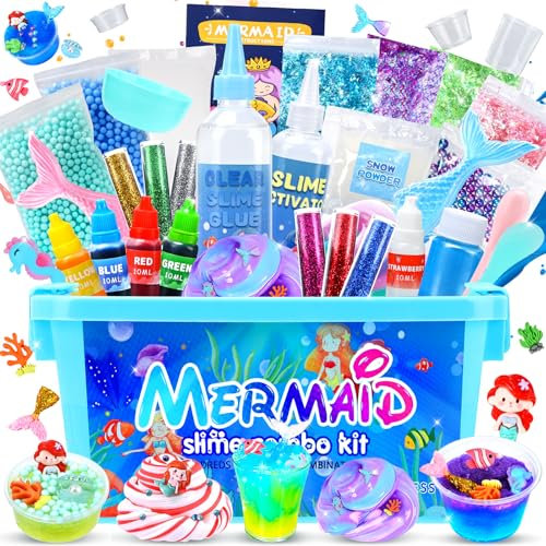 Slime Kit for Girls,Mermaid Slime Making Kit Toys for 6 7 8 9 10 11 12 Year Old Girls Boys,Fun Soft Slime Kits Craft Gifts for 6-12 Year Old Girl,Make Your Own Slime Kit