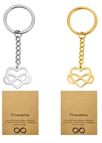 2 Pièces Porte-Clés en Forme de Cœur avec Cartes D'amitié Kit, Porte-CléS D'amitié Avec Symbole Infini, Pour Les Cadeaux D'anniversaire Des Dames, Cadeaux D'anniversaire (Or, Argent)