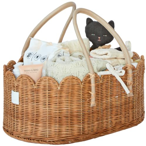 BEBE BASK Baby-Wickeltasche, handgefertigter Rattankorb, Wickelkorb, eleganter gewellter Rand (Mocca)