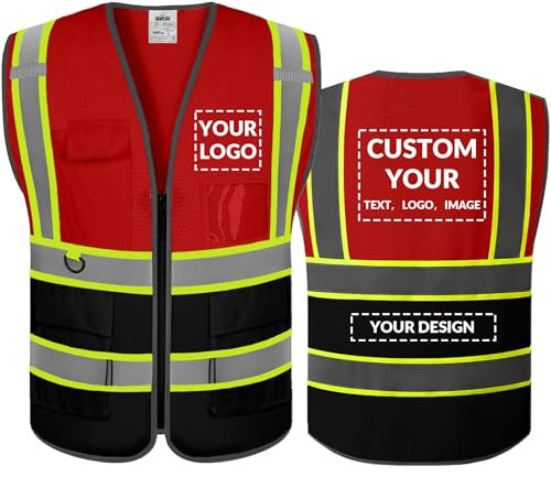 Shmimy Personalisierte Sicherheitsweste Warnweste mit Text oder Logo und 5 Mehreren Taschen Hohe Reflektivität Warnschutz Arbeitsweste Sicherheitsweste (Rot Schwarz-XXL)