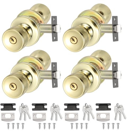 PATIKIL Key Entry Door Knobs Interior, 4 Pack Round Zinc Alloy Bedroom Bathroom Door Knob with Lock Entry Indoor Outdoor Door, Gold