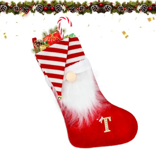VReder Christmas Stockings, 22inch Personalised Monogram Xmas Stockings, Red Knitted Santa Hat Classic Stockings Stuffers for Xmas Gift Tree Decoration (T)