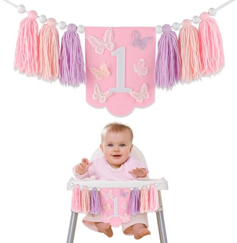 Schmetterling 1 Geburtstag Hochstuhl Banner, Hochstuhl Banner mit Fee Schmetterling Quaste, Schmetterling 1. Geburtstag Deko für Mädchen (Rosa & Lila)
