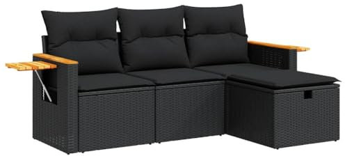 vidaXL 4-Tlg. Garten-Sofagarnitur mit Kissen Schwarz Poly Rattan, Outdoor Sofa Set, Garten-Lounge-Set
