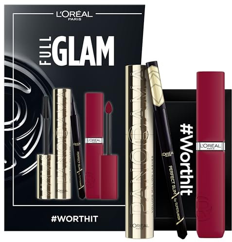 L'Oréal Paris Make-up Set mit Wimperntusche, Eyeliner und Lippenstift, Volume Million Lashes Mascara (schwarz), Infaillible Matte Resistance (rot), Superliner Perfect Slim (schwarz), 3-teilig