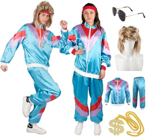 90er 80er Jahre Outfit Herren mit Vokuhila Perücke- 5PCS Retro Gymnastikanzug Disco Männer Frauen- 80er Accessoires Damen- 90er Jogginganzug Ski Bad Taste Partner Jacke Hose Karneval Mottoparty