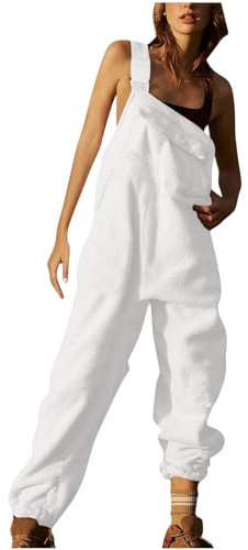 Damen-Latzhose, Fleece-Overall, Damen, Strapsanzug, einfarbig, Teddy, Lammfell, warme Hose, Overall, Skihose, weiß, M