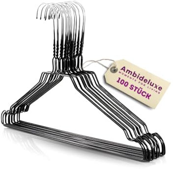 Ambideluxe | 100 Drahtbügel Schwarz | Hosenbügel | Metall Kleiderbügel mit Zinkbeschichtung & PE-Ummantelung | Platzsparende & langlebige Drahtkleiderbügel | Für Schrank, Garderobe & Wäscherei