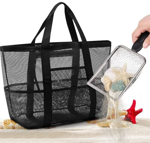 Fizdoqg Strandspielzeug Tasche Set Groß Strandtasche Strandspielzeug Schwarz Sandspielzeug Tasche Netztasche Sand Tasche mit Sand Schaufeln für Strandspielzeug Aufheben von Muscheln