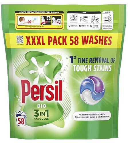Persil Bio 3 in 1 Washing Capsules 1st time removal of tough stains outstanding stain removal in quick & cold washes 58 washes