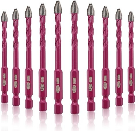 QUEFORET Crooked Head Eccentric Drill Bits 6mm - 10pcs Carbide Drill Bits for Wood Plastic Masonry Concrete, Wet Drilling Ceramic Tile Marble Glass, Quick Change Hex Shank