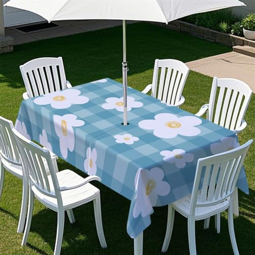 Chickwin Outdoor Wasserdicht Tischdecke Rechteckig mit Schirmloch und Reißverschluss, 3D Niedlich Blumen Tischdecke Abwaschbar Gartentischdecke für Terrasse, Party, BBQ (Blau kariert,210x150cm)