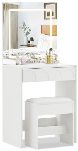 LEMROE Dressing Table with Rectangular LED Mirror and Stool, Compact Small Vanity Table Set with Vacuum-Formed Drawer for Small Spaces, White Makeup Desk for Bedroom, Modern (White - Square Mirror)