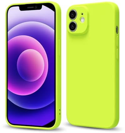 Svaove for iPhone 12 Mini Phone Case Liquid Silicone, Thin Ultra Slim Minimalist Phone Cover, Girly Cute Plain Bright Solid Color Matte Soft Rubber Jelly Gel Plastic TPU Bumper, Fluorescent Neon Green