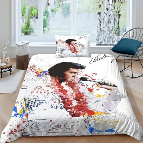 Elvis Presley Bettbezug-Set Weiche Mikrofaser Bettwäsche 3-TLG. Elvis Presley-Design Mit Reißverschluss & Kissenbezüge Für Jugendliche Und Erwachsene Single（135x200cm）