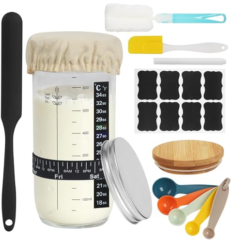 Sauerteig-Starterglas 680ml Sauerteig Starter Set, Brot Backen Zubehör, Fermentationsglas mit Aluminiumdeckel Gärtuch Temperaturband Etikett Silikonspatel, Wiederverwendbares Sauerteig-Starterglas
