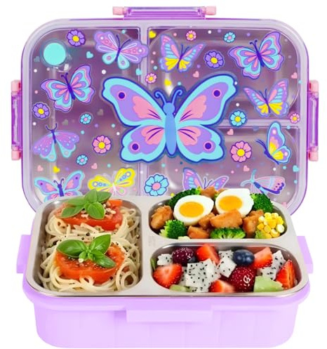 PinkSheep Brotdose Edelstahl mit 3 Fächern Lunchbox 800 ml für Kinder Personalisiert, BPA-freie, Auslaufsicher, Bento Box für Picknick Schulschüler Mittagessen Snack-Container (Schmetterling)