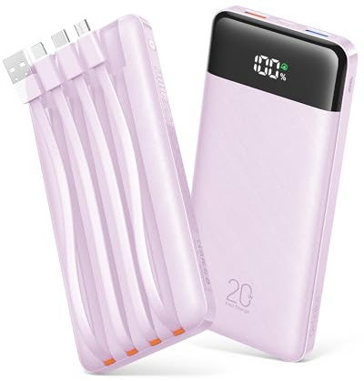 Orfeika 20000mAh Power Bank, 22.5W Fast Charging Portable Charger | Built-in 4 Cables, 6 output & 4 input, LED Display, Battery Pack for iPhone/Samsung/Android/iPad, Travel Essentials(Purple)