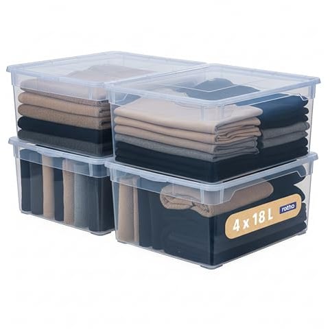 Rotho Clear Aufbewahrungsbox mit Deckel im 4er-Set 18 L Stapelboxen Blau | Aufbewahrungsboxen, transparent blau, platzsparend stapelbar, sicher verschließbar, 4 Boxen mit Deckel für Kleidung