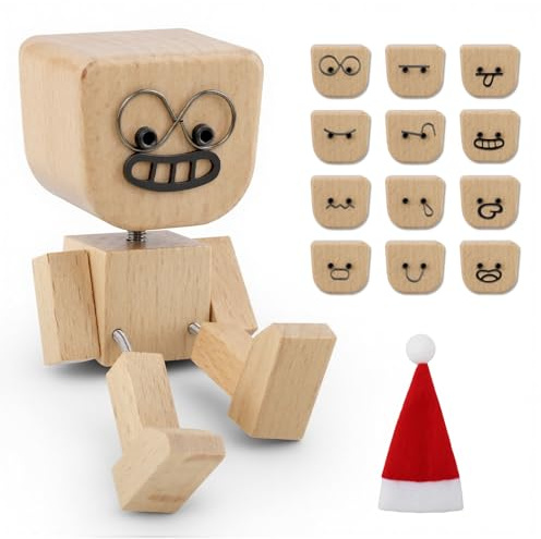 beuhugas 1PCS Shaking Tiny Feet Wooden Doll with Spring Legs with 12pcs Magnetic Expressions Funny Cars Ornaments Wood Desktop Decor, Car Dashboard Accessories, Christmas Decorations