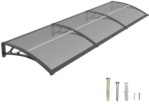 DAWNINGHOMM Auvent de Porte d’Entrée 120 × 300 cm, Marquise en Polycarbonate Transparent, Toit de Protection Résistant Contre la Pluie et Les Rayons UV, Gris pour Maison et Entrée