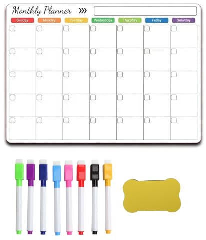 LOLANIUT Magnetisk Månadsplanerare Whiteboard 42 x 30 cm, Torkbar Kalender för Kylskåp, Återanvändbar Planeringstavla med 8 Pennor och Sudd, Familjeplanerare för Kontor Skola och Hem