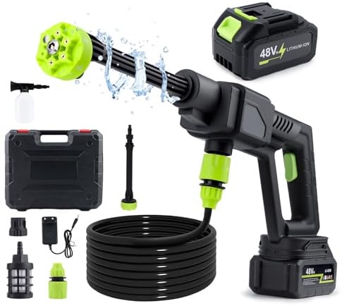 Akku Hochdruckreiniger,1060PSI Hochdruckreiniger mit 2 Akkus,6-in-1-Düse,5m Schlauch und Schaumkanone – Mobiler Hochdruckreiniger,Tragbarer Pistole für Auto,Terrasse,Garten,Fahrrad und Außenbereiche