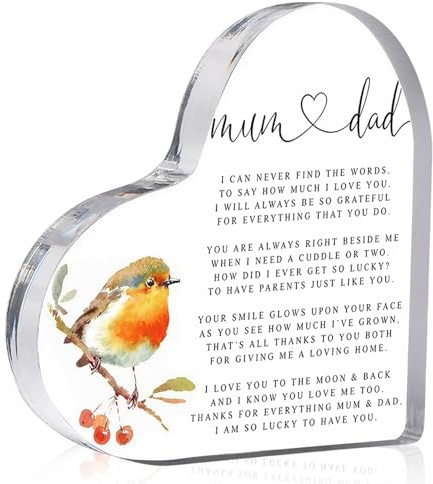 Gifts for Mum and Dad from Daughter Son, Acrylic Heart-Shaped Plaque with Warm Message, Wedding Anniversary Keepsake for Parents, Mum and Dad Anniversary Presents for Birthday Home Decoration 10x10cm