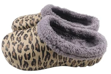 VewoTex Damen Clogs Leo mit Teddy Kunstfell » günstige Damenschuhe » gefütterte Clogs mit Leoparden-Muster » Winter & Herbst Garten Schuhe
