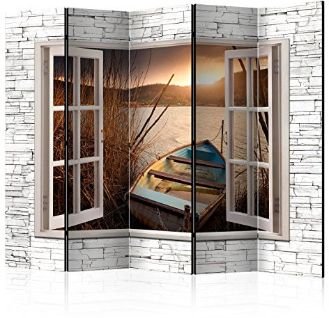 RAUMTEILER/PARAVENT B&D XXL - Paravent Raumteiler Innen Fensterblick Fenster Landschaft 225x172cm 5-teilig Einseitig Raumtrenner Trennwand Holz Room Divider Spanische Wand Raum Abtrennung grau braun