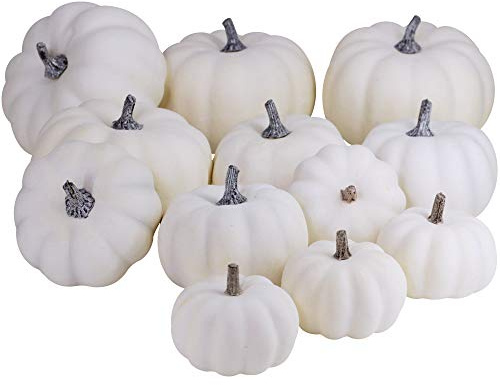 BESTTOYHOME 12 PCS Assorted Sizes Rustic Harvest White Artificial Pumpkins for Halloween, Fall Thanksgiving Decorating Harvest Embellishing and Displaying