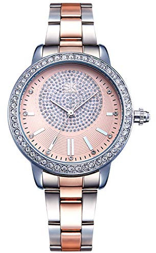 Alienwork Montre Femme Argent Bracelet en Métal Acier Or Rose Doree Strass Paillettes élégant