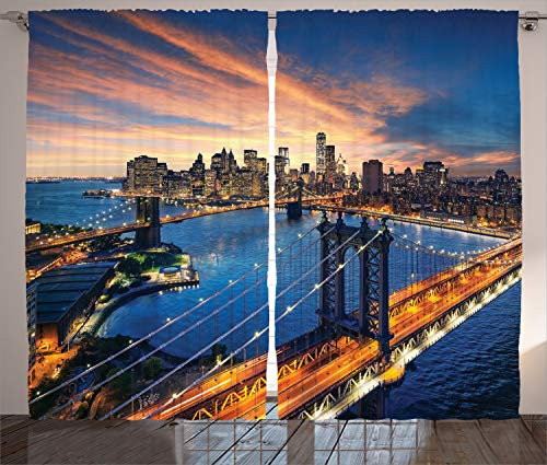 ABAKUHAUS New York Rustikaler Gardine, Sunset Stadtbild, Schlafzimmer Kräuselband Vorhang mit Schlaufen und Haken, 280 x 245 cm, Mehrfarbig Blau